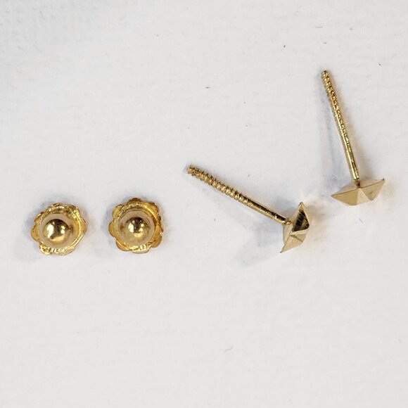 VTG 80s 14K Solid Yellow Gold Diamond Cut 3mm Hexagon Screw Back Stud Earrings - Picture 12 of 14